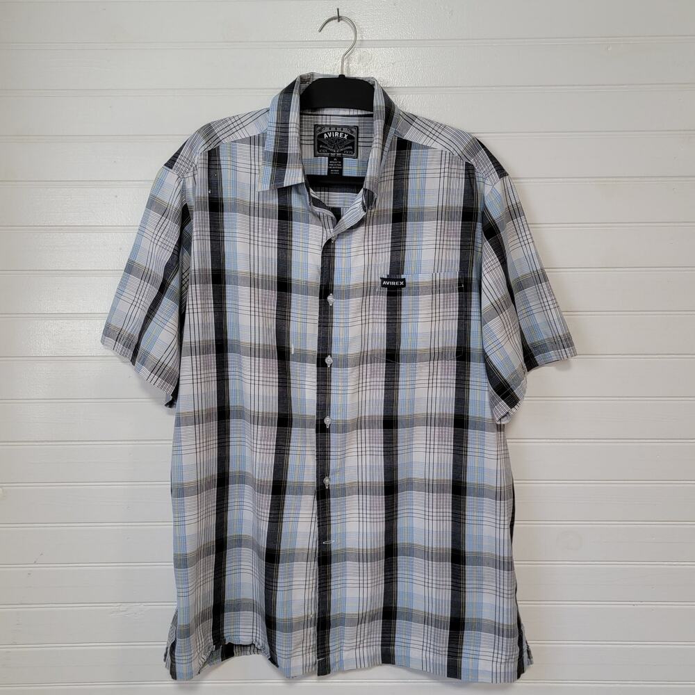 Avirex Mens Size XL Short Sleeve Button Up Shirt Plaid Paint Splatter